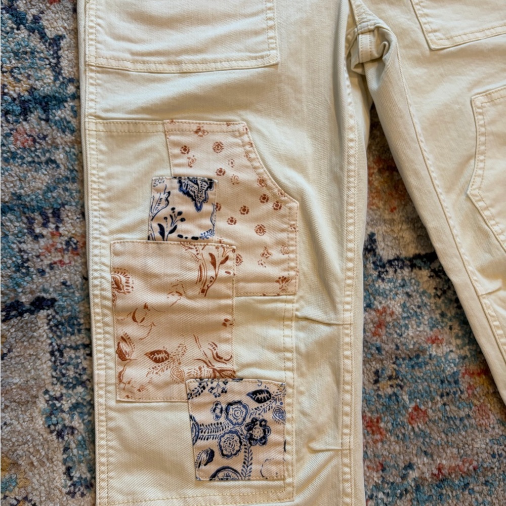 Anthro Pilcro The Wanderer Utility Jean Toile patch Ivory Cargo pants 27 jeans - Picture 8 of 16
